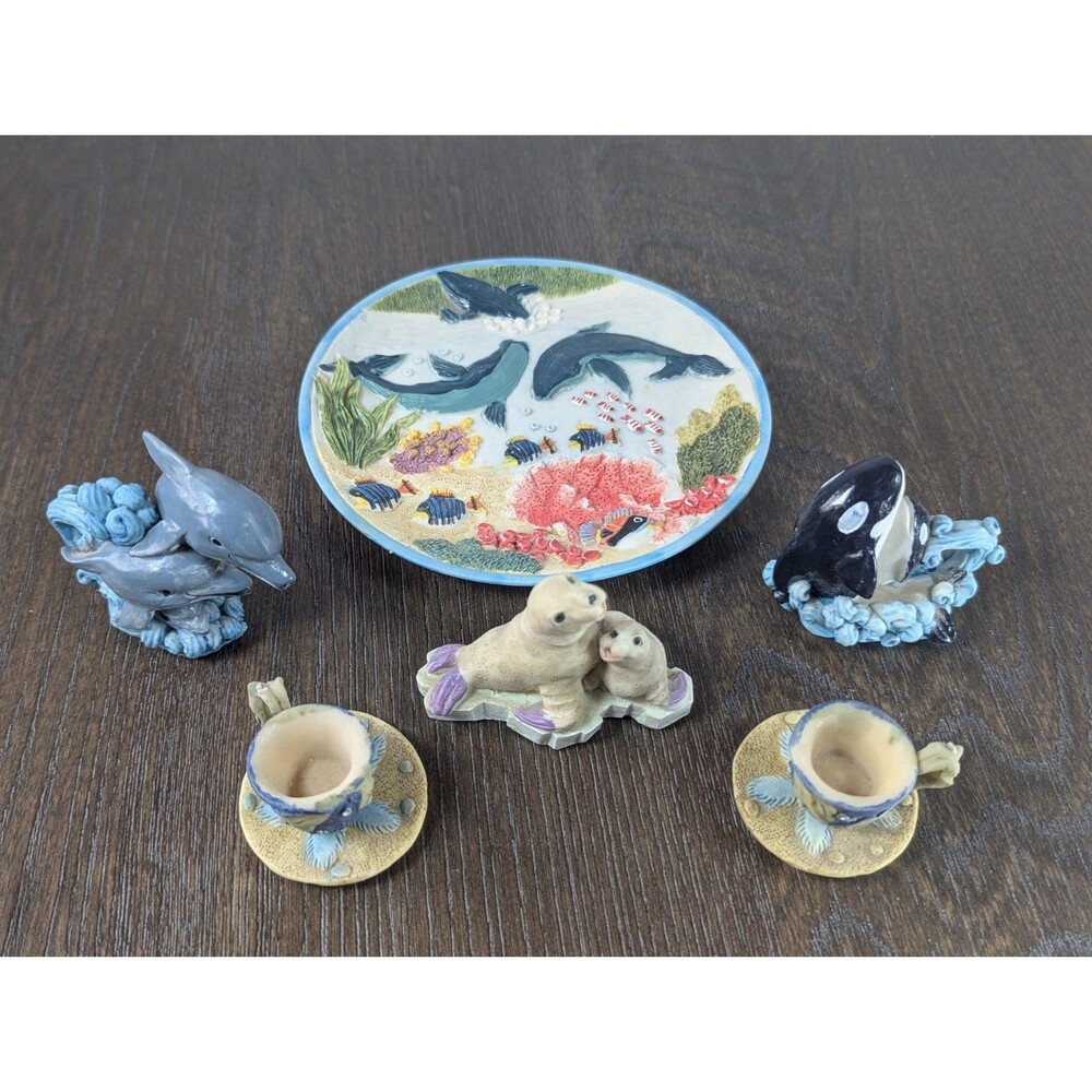 VTG Popular Imports Miniature Resin Tea Set Under The Sea Dolphins Whales Seals